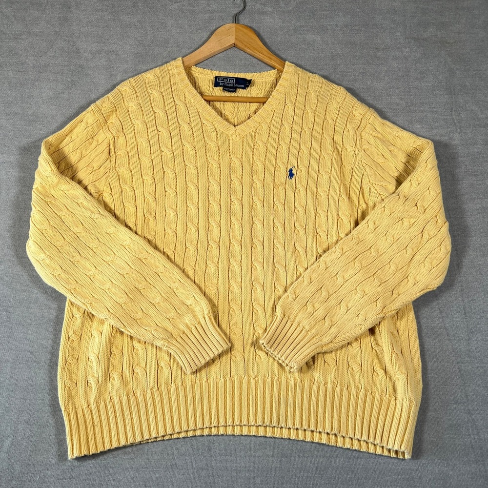 Polo Ralph Lauren Cable Knit V-Neck Sweater Mens Large Yellow Cotton